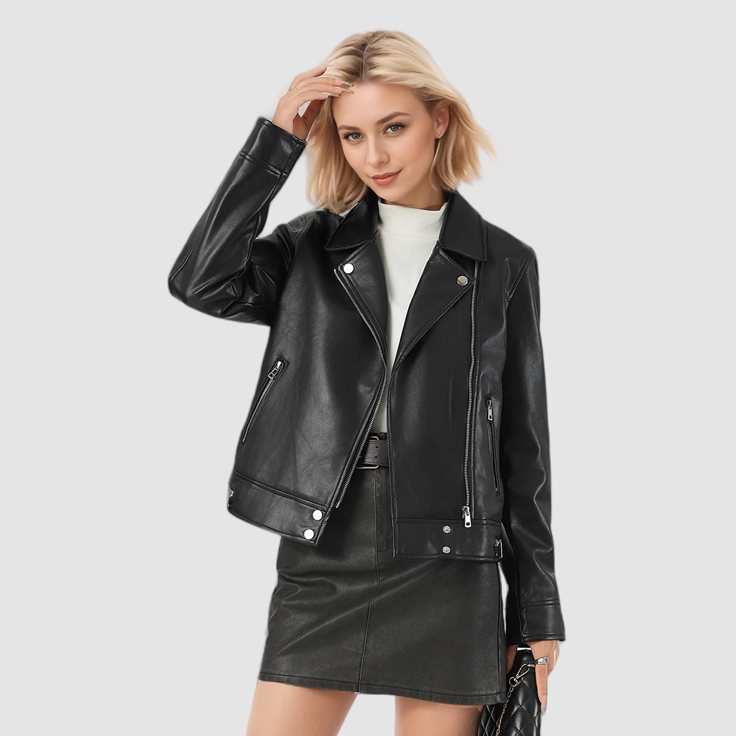 Women's Short Leather Jacket With A Turn-down Collar - Image 3