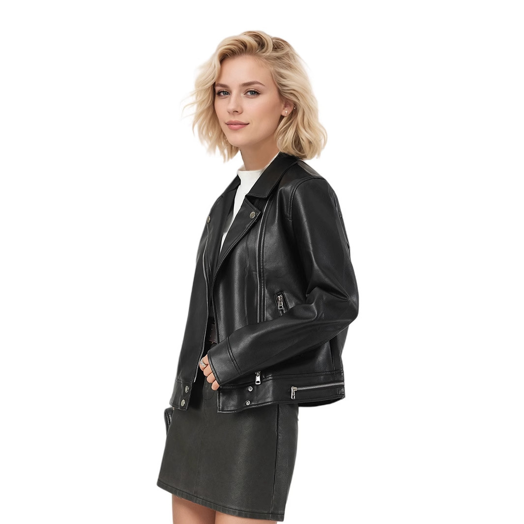 Women's Short Leather Jacket With A Turn-down Collar - Image 5