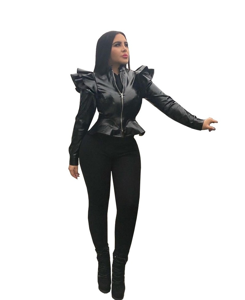 Leather Casual Women's Ruffled Leather Jacket - Image 4