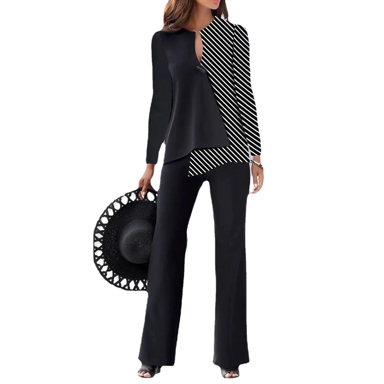 Women's Fashion Temperament Color Matching Loose Trousers Two-piece Suit - Image 4