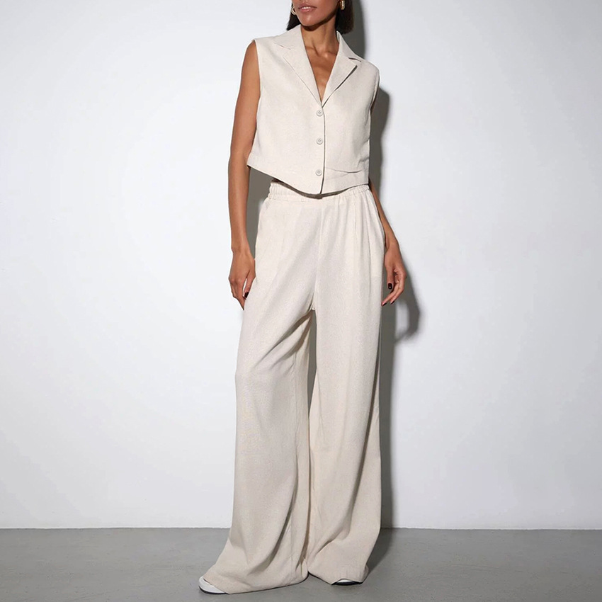Vest High Waist Wide Leg Pants Suit Solid Color - Image 10