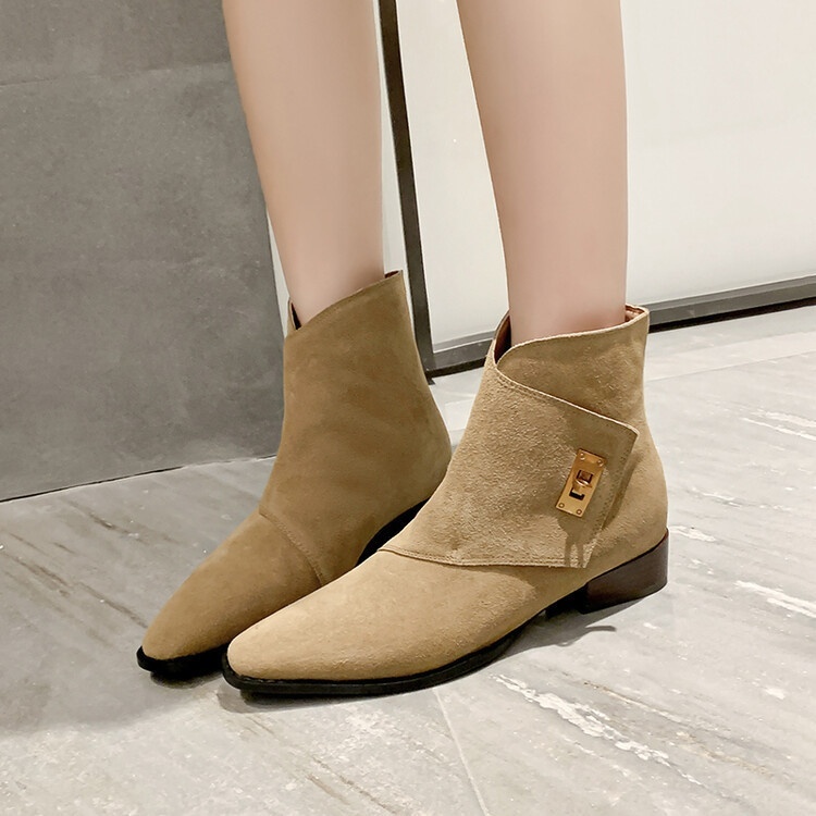 Retro Reversible Cowhide Metal Buckle Short Chunky Heel Boots - Image 2