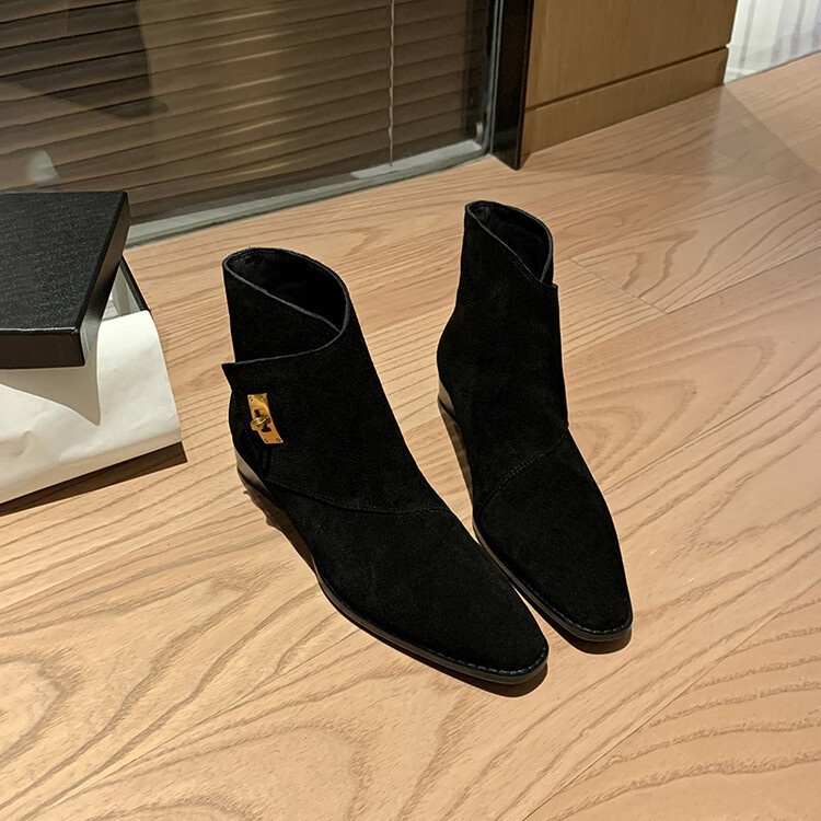 Retro Reversible Cowhide Metal Buckle Short Chunky Heel Boots - Image 5