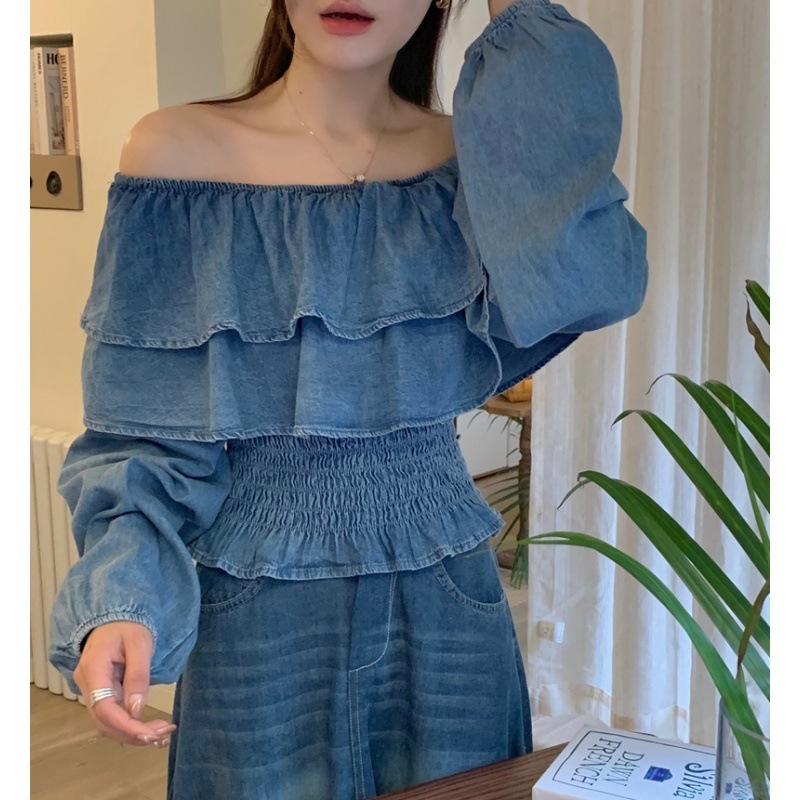 Retro Off-shoulder Waist-controlled Top Large Swing Denim Skirt - Image 2