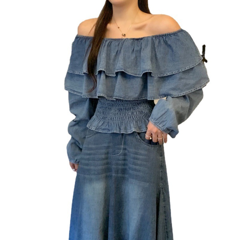 Retro Off-shoulder Waist-controlled Top Large Swing Denim Skirt - Image 3