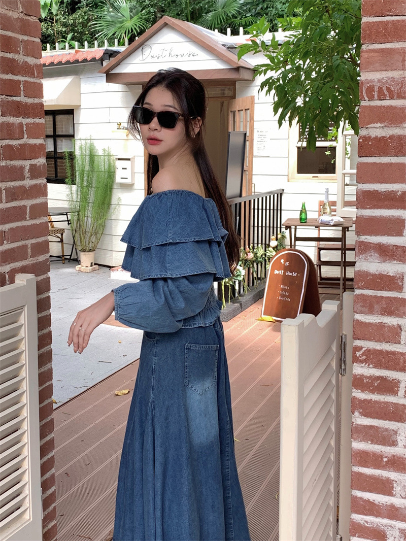 Retro Off-shoulder Waist-controlled Top Large Swing Denim Skirt - Image 4