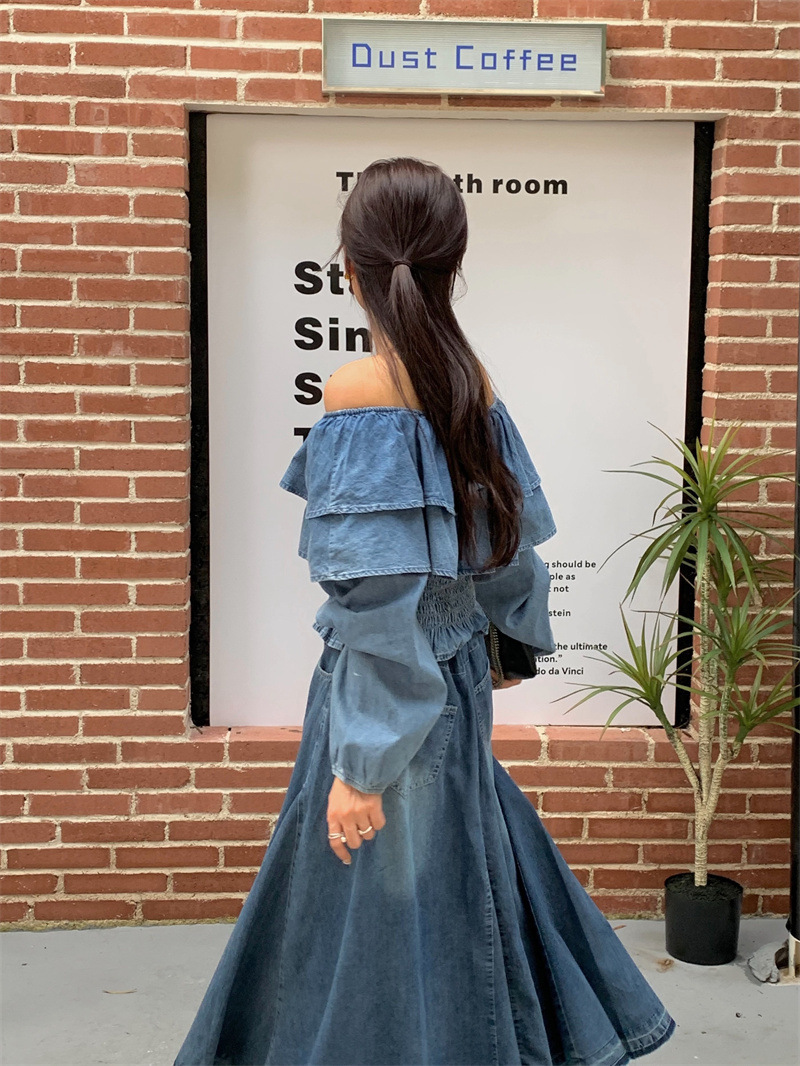 Retro Off-shoulder Waist-controlled Top Large Swing Denim Skirt - Image 5