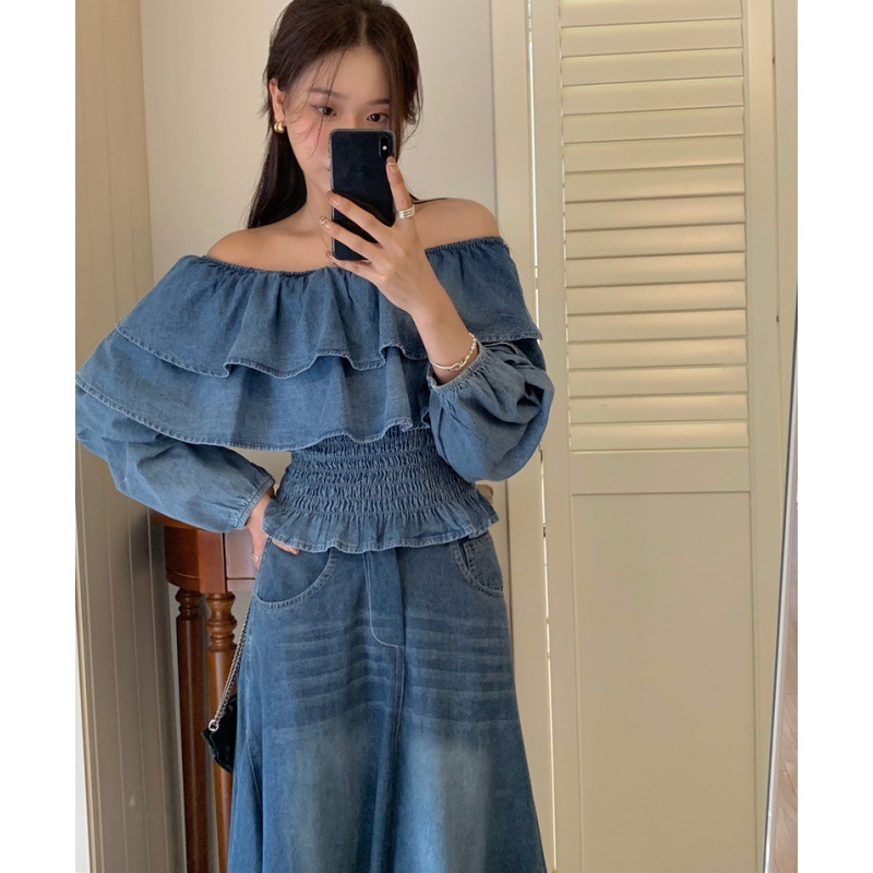 Retro Off-shoulder Waist-controlled Top Large Swing Denim Skirt - Image 8