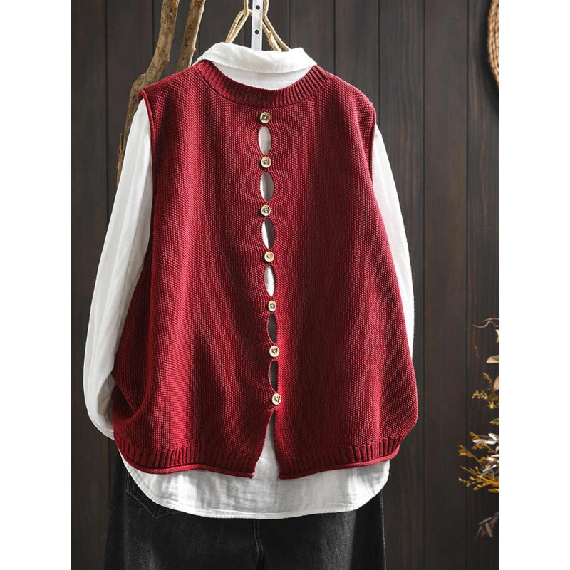 Back Buttoned Cotton Thread Knitted Vest Women - Image 7