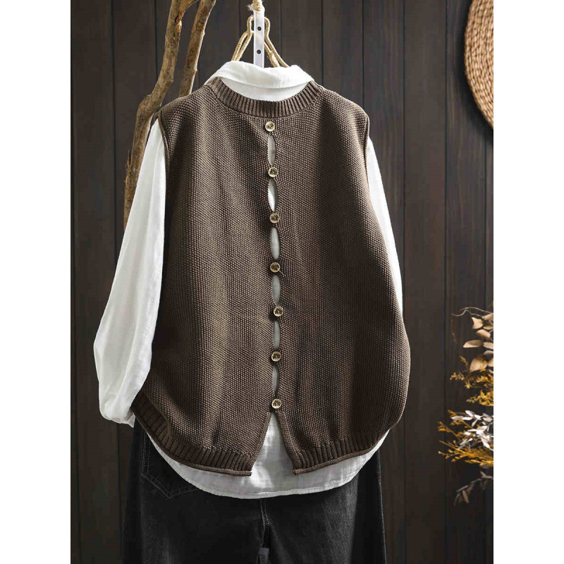 Back Buttoned Cotton Thread Knitted Vest Women - Image 8