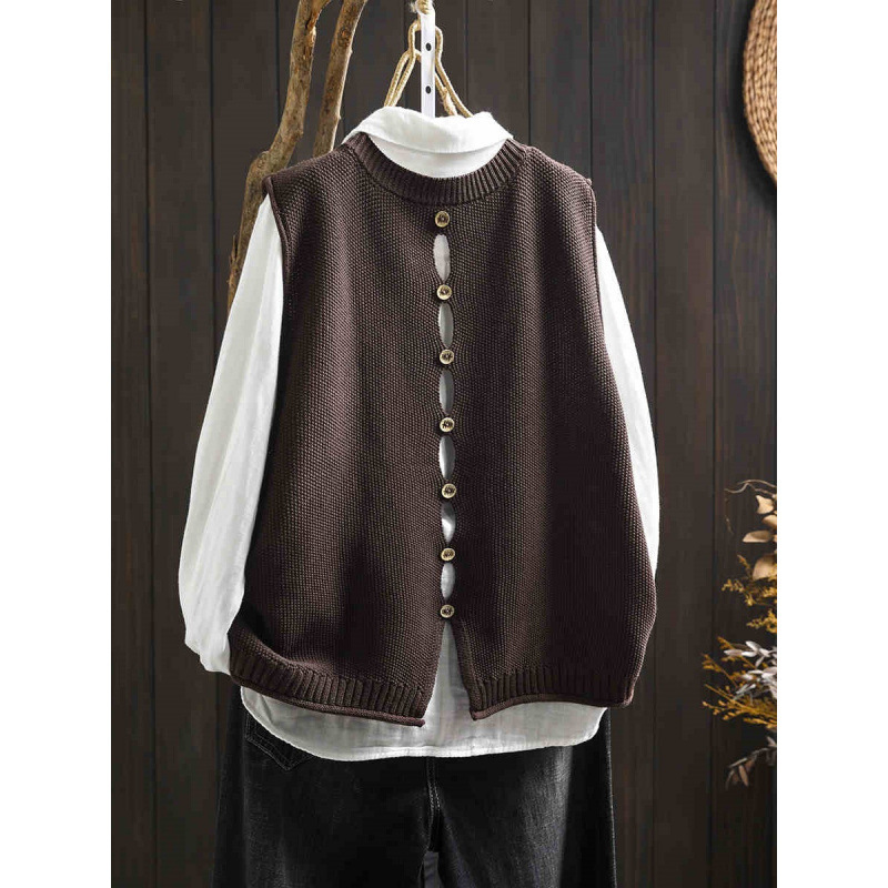 Back Buttoned Cotton Thread Knitted Vest Women - Image 9