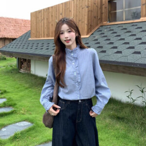 French Ruffled Blue Striped Women's Long Sleeve Shirt