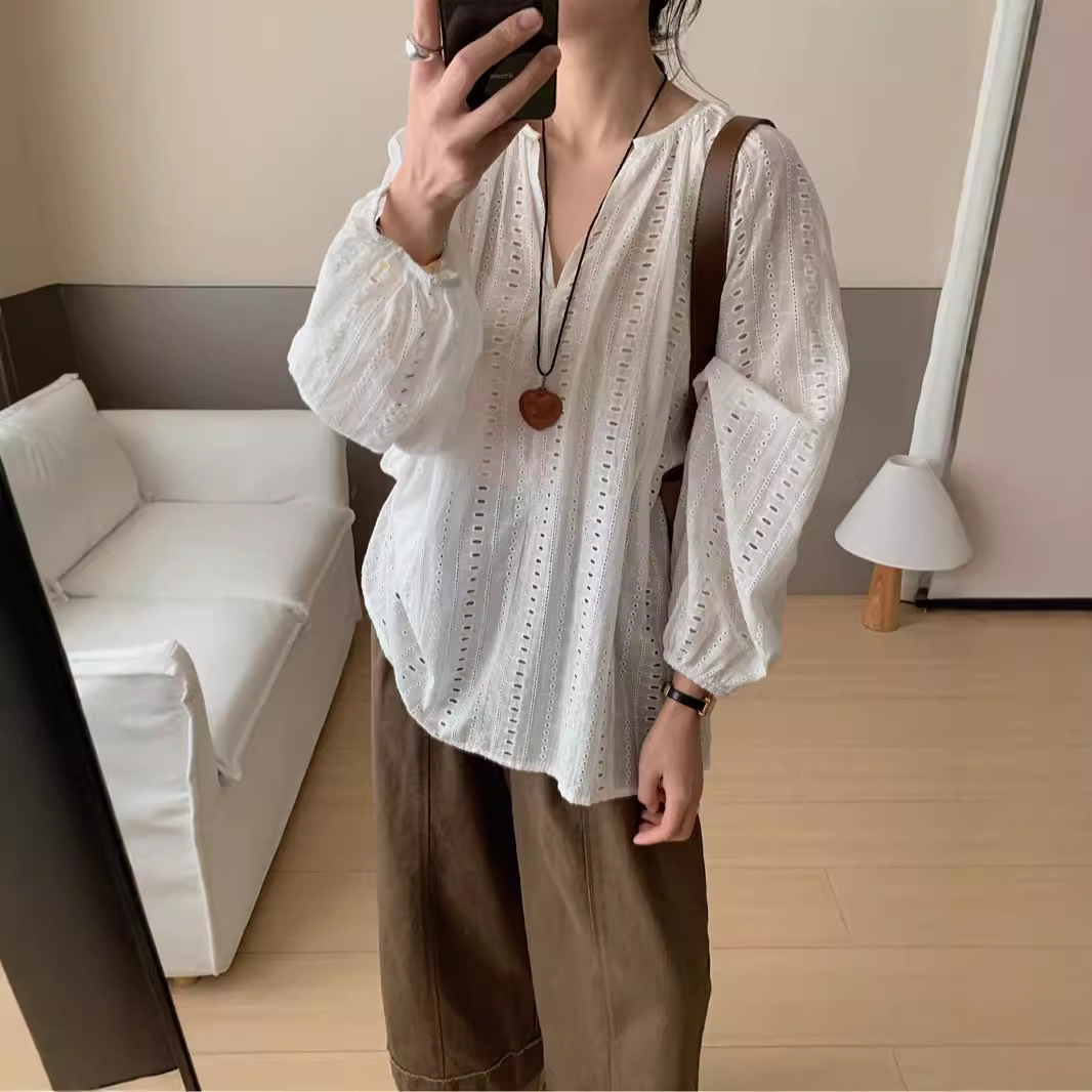 Simple V-neck Embroidered Jacquard Hollow-out Lazy Versatile Women's Long-sleeved Shirt - Image 2