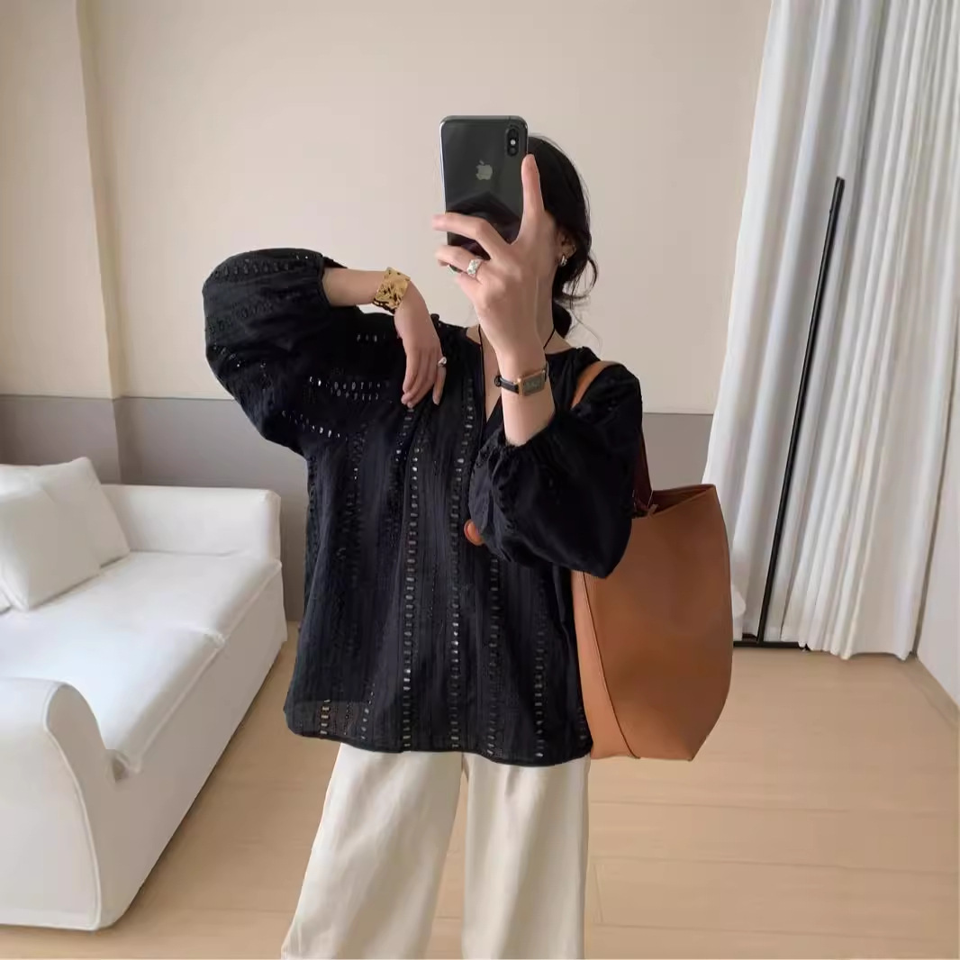 Simple V-neck Embroidered Jacquard Hollow-out Lazy Versatile Women's Long-sleeved Shirt - Image 3