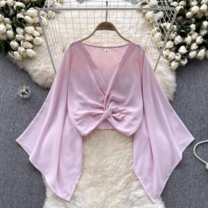 Niche Design V-neck Knot Bell Sleeve Shirt