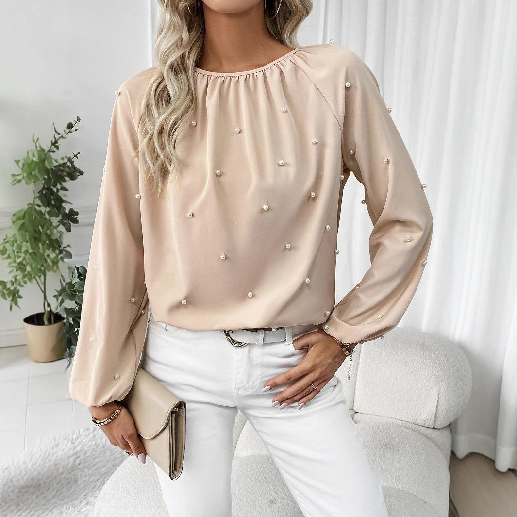 European And American Women's Round-neck Beaded Lantern Sleeve Shirt - Image 4