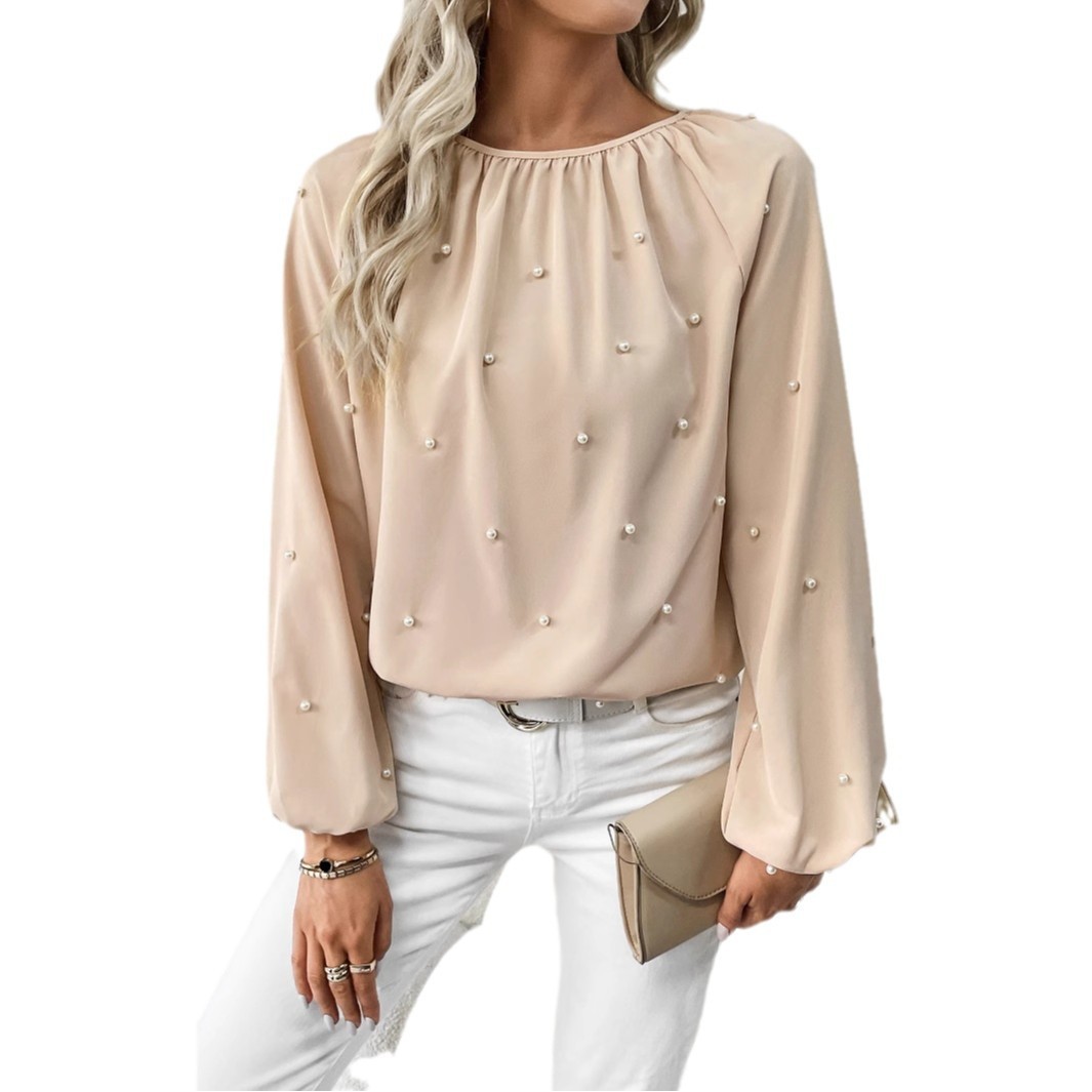 European And American Women's Round-neck Beaded Lantern Sleeve Shirt - Image 5
