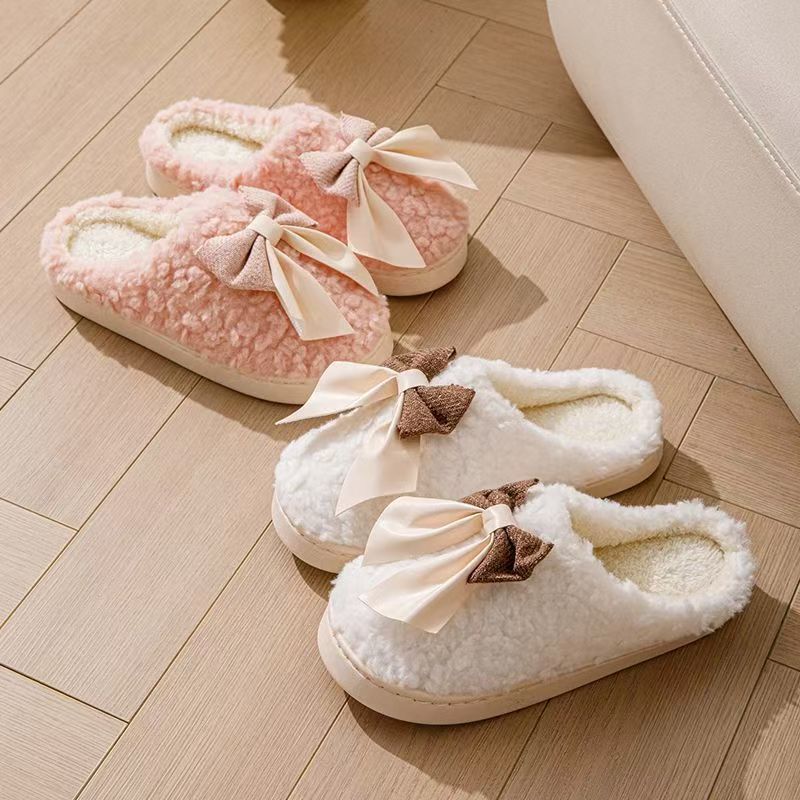Bow Slippers Indoor Couple Non-slip Floor Bedroom Slippers Winter Warm Plush Home Shoes Household Indoor Warm - Image 2