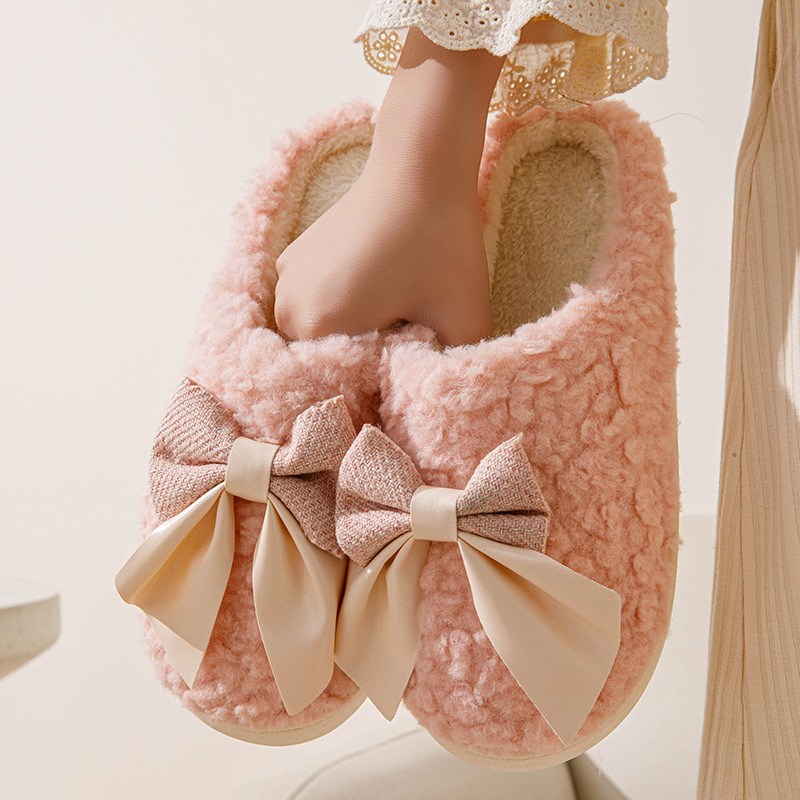 Bow Slippers Indoor Couple Non-slip Floor Bedroom Slippers Winter Warm Plush Home Shoes Household Indoor Warm - Image 3