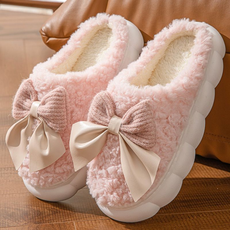 Bow Slippers Indoor Couple Non-slip Floor Bedroom Slippers Winter Warm Plush Home Shoes Household Indoor Warm - Image 7