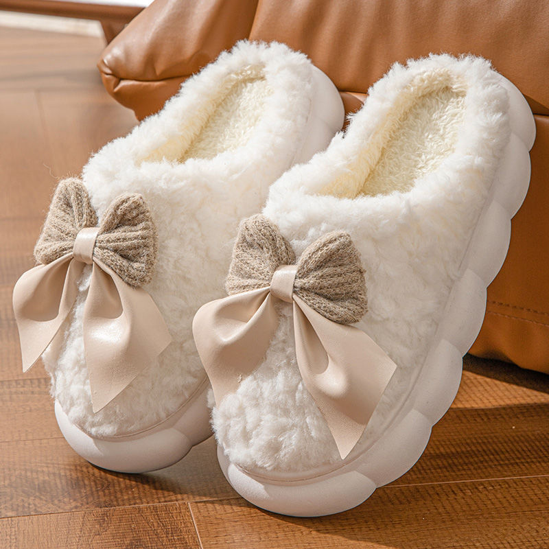 Bow Slippers Indoor Couple Non-slip Floor Bedroom Slippers Winter Warm Plush Home Shoes Household Indoor Warm - Image 8