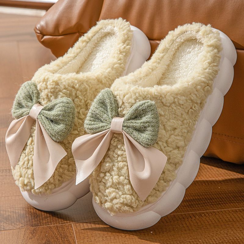 Bow Slippers Indoor Couple Non-slip Floor Bedroom Slippers Winter Warm Plush Home Shoes Household Indoor Warm - Image 9