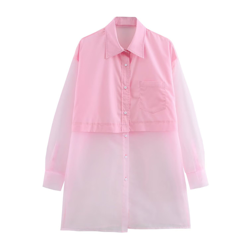 Spring Women's Long-sleeved Sheer Tulle Patchwork Loose-fit Blouse - Image 5