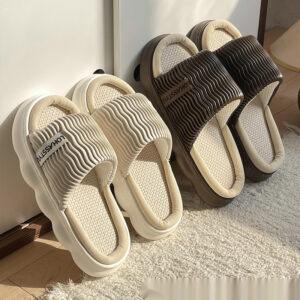 Four Seasons Linen Slippers Women's Thick Bottom Wave Pattern Home Non-slip Breathable Sweat Absorbing