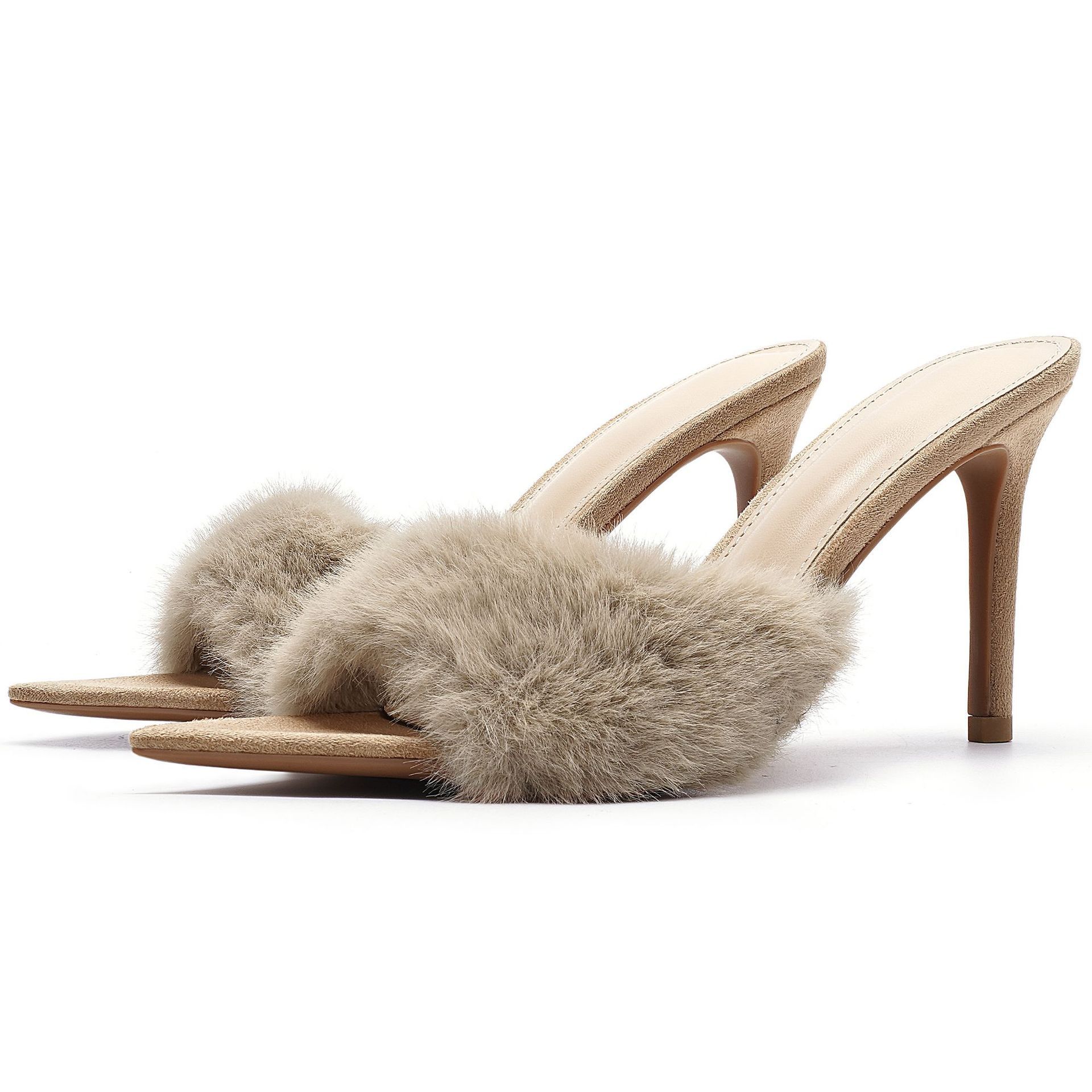 Pointed-toe Slender High-heel Non-slip Plush Shoes High-heel Slippers - Image 2