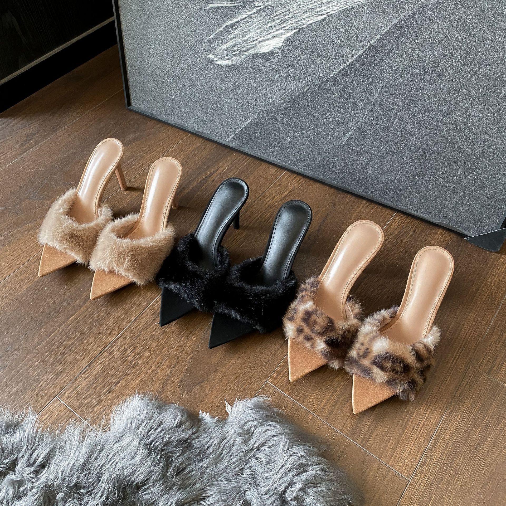 Pointed-toe Slender High-heel Non-slip Plush Shoes High-heel Slippers - Image 3