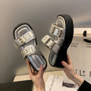 Flat Toe Ring Word Platform Slippers