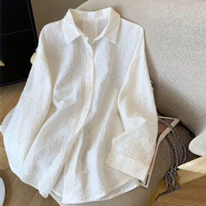 Elegant Solid-Color Crepe Loose-Fit Shirt Cardigan Women's Top