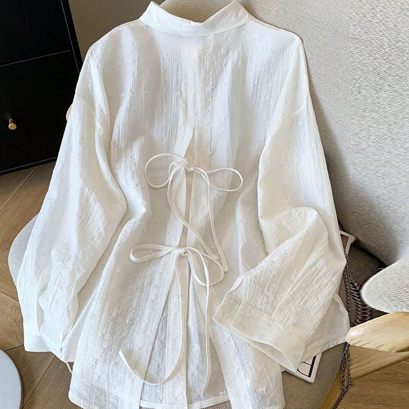 Elegant Solid-Color Crepe Loose-Fit Shirt Cardigan Women's Top - Image 2