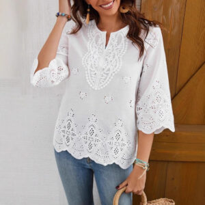 Lace-trimmed V-neck Springsummer New Arrival Three-quarter-sleeve Blouse