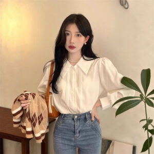 French-style Vintage White Polo-collar Long-sleeve Shirt
