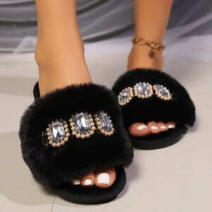 Pearl Rhinestone Chain Fluffy Slippers Women's Fashion Home Warm Flat Heel