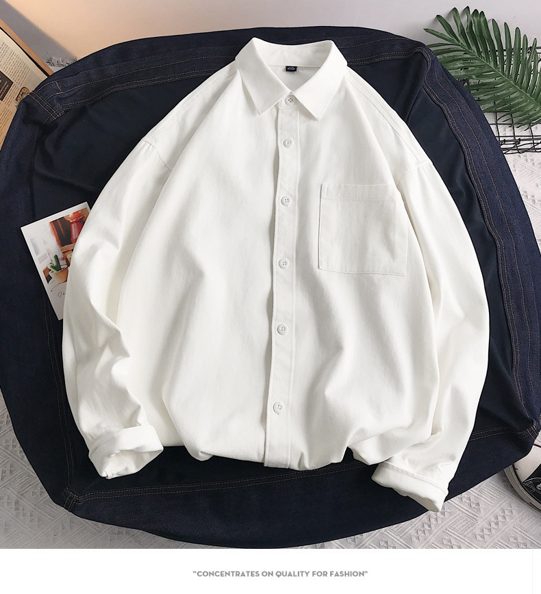 Heavyweight Casual White Cotton Long-sleeve Shirt - Image 6