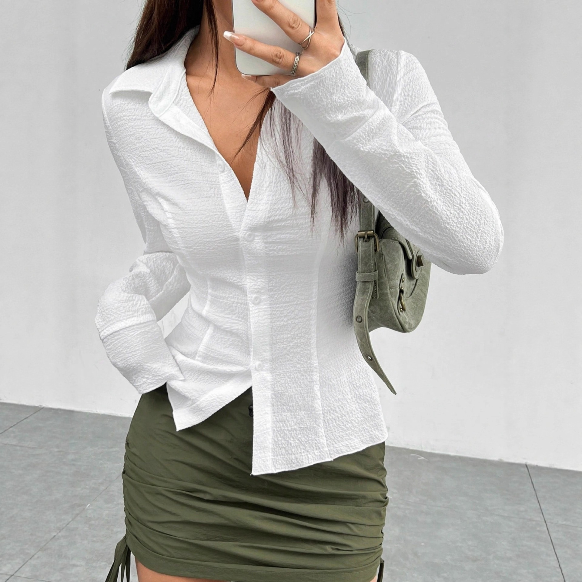 FallWinter Casual Button-front, Waist-cinched Textured Shirt