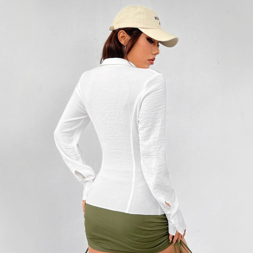 FallWinter Casual Button-front, Waist-cinched Textured Shirt - Image 2