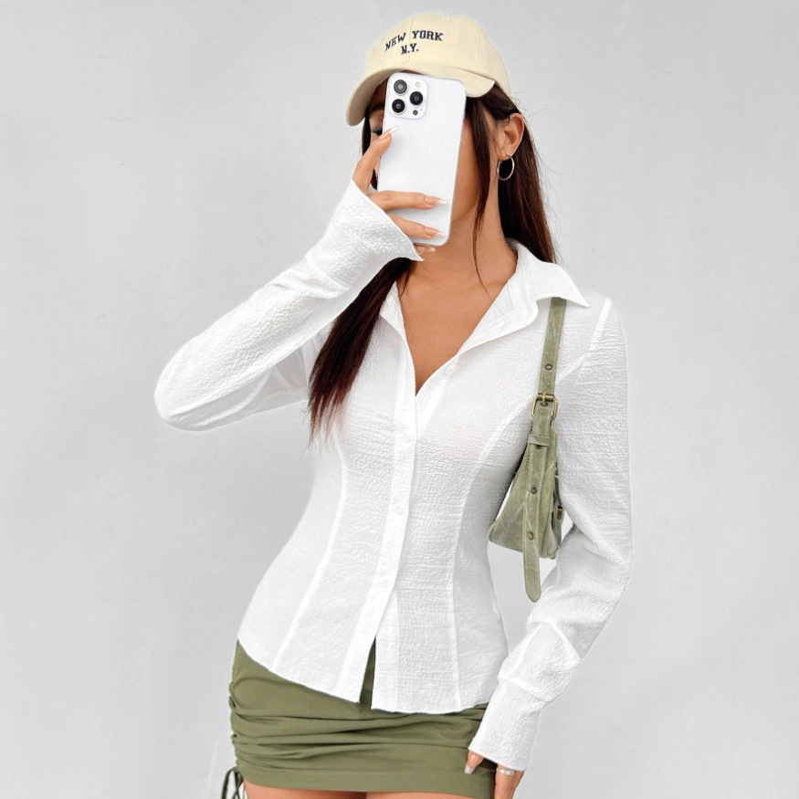 FallWinter Casual Button-front, Waist-cinched Textured Shirt - Image 4