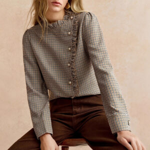 Houndstooth Ruffled Small Stand-up Collar Side-button-front Shirt