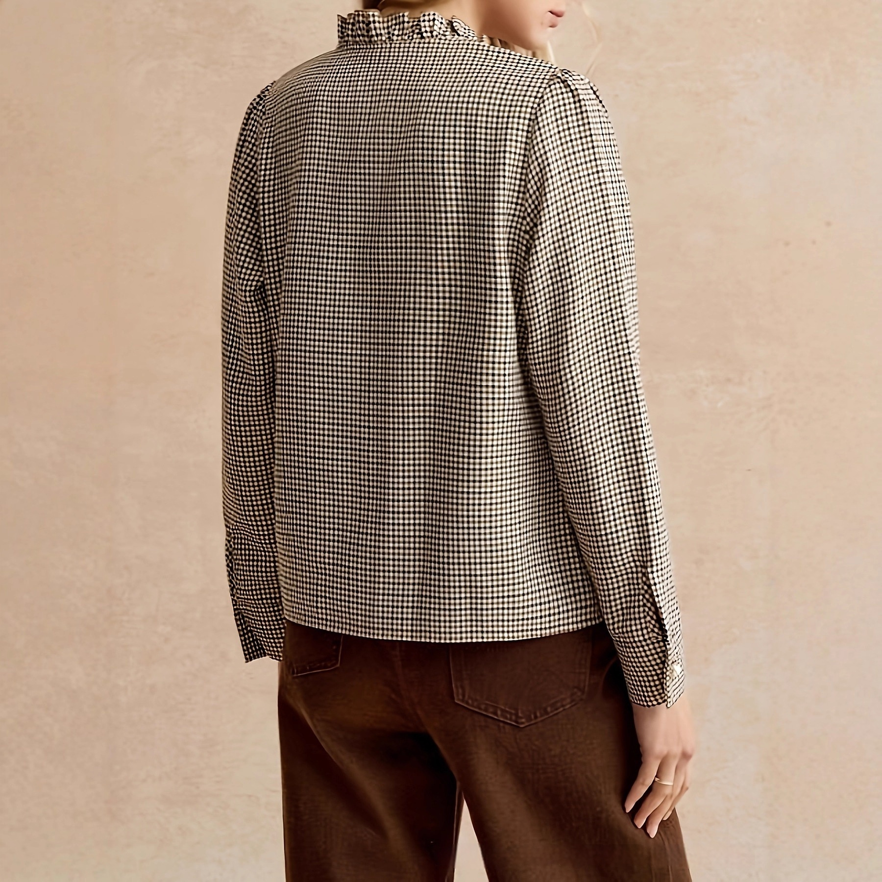 Houndstooth Ruffled Small Stand-up Collar Side-button-front Shirt - Image 2