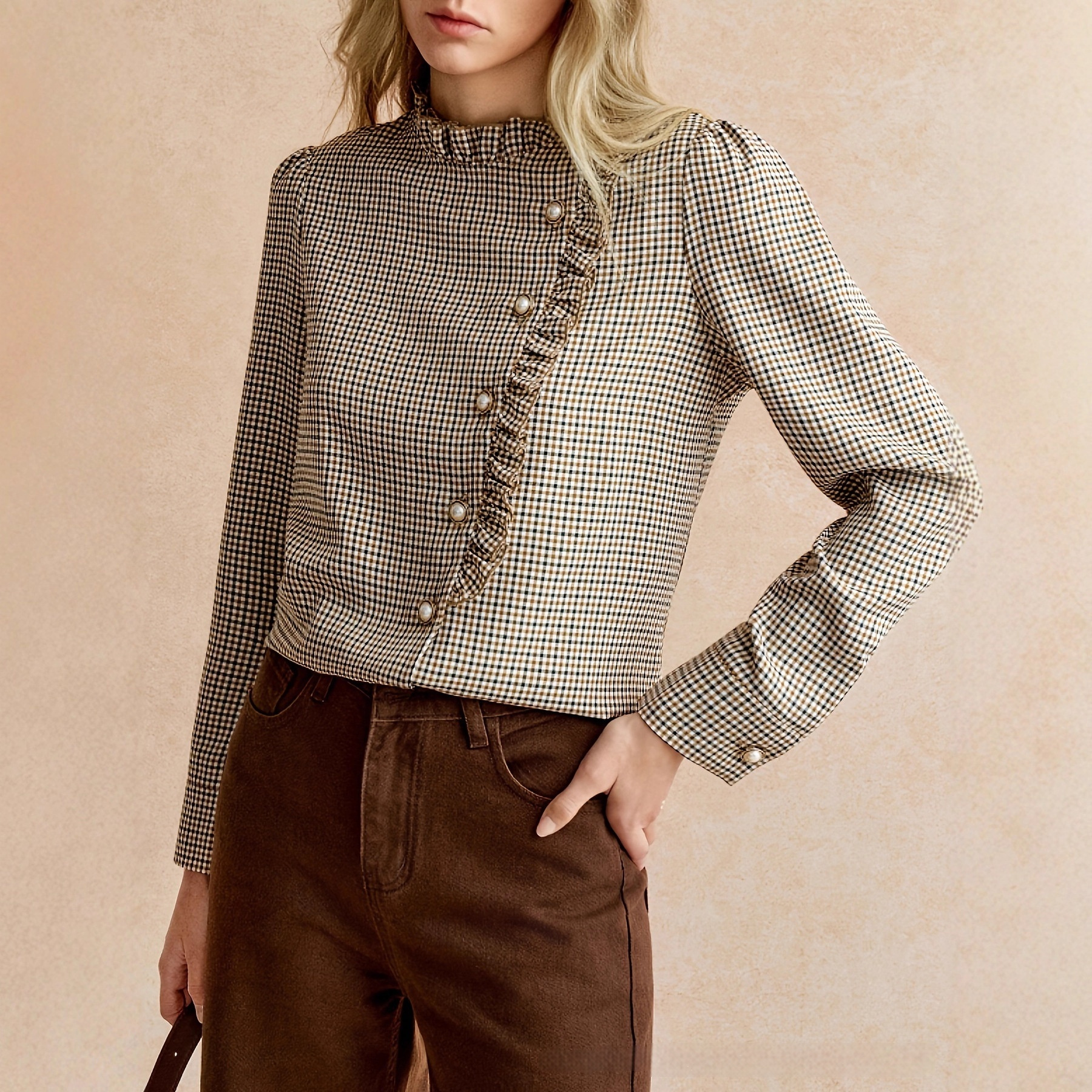 Houndstooth Ruffled Small Stand-up Collar Side-button-front Shirt - Image 3