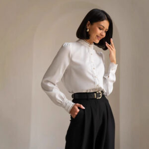 Womens Designer White Lace Long-Sleeve Blouse With Embellished Edges