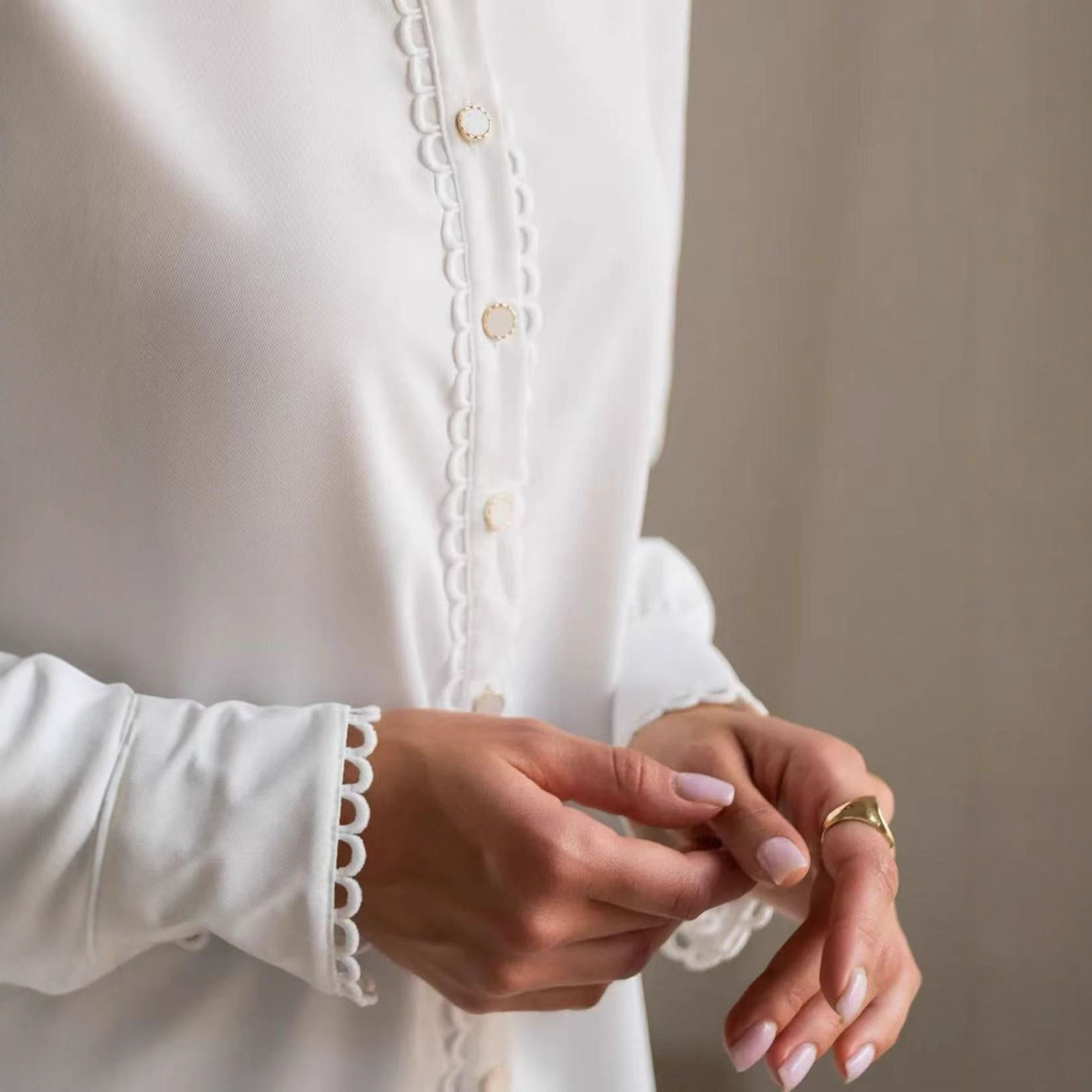 Womens Designer White Lace Long-Sleeve Blouse With Embellished Edges - Image 2