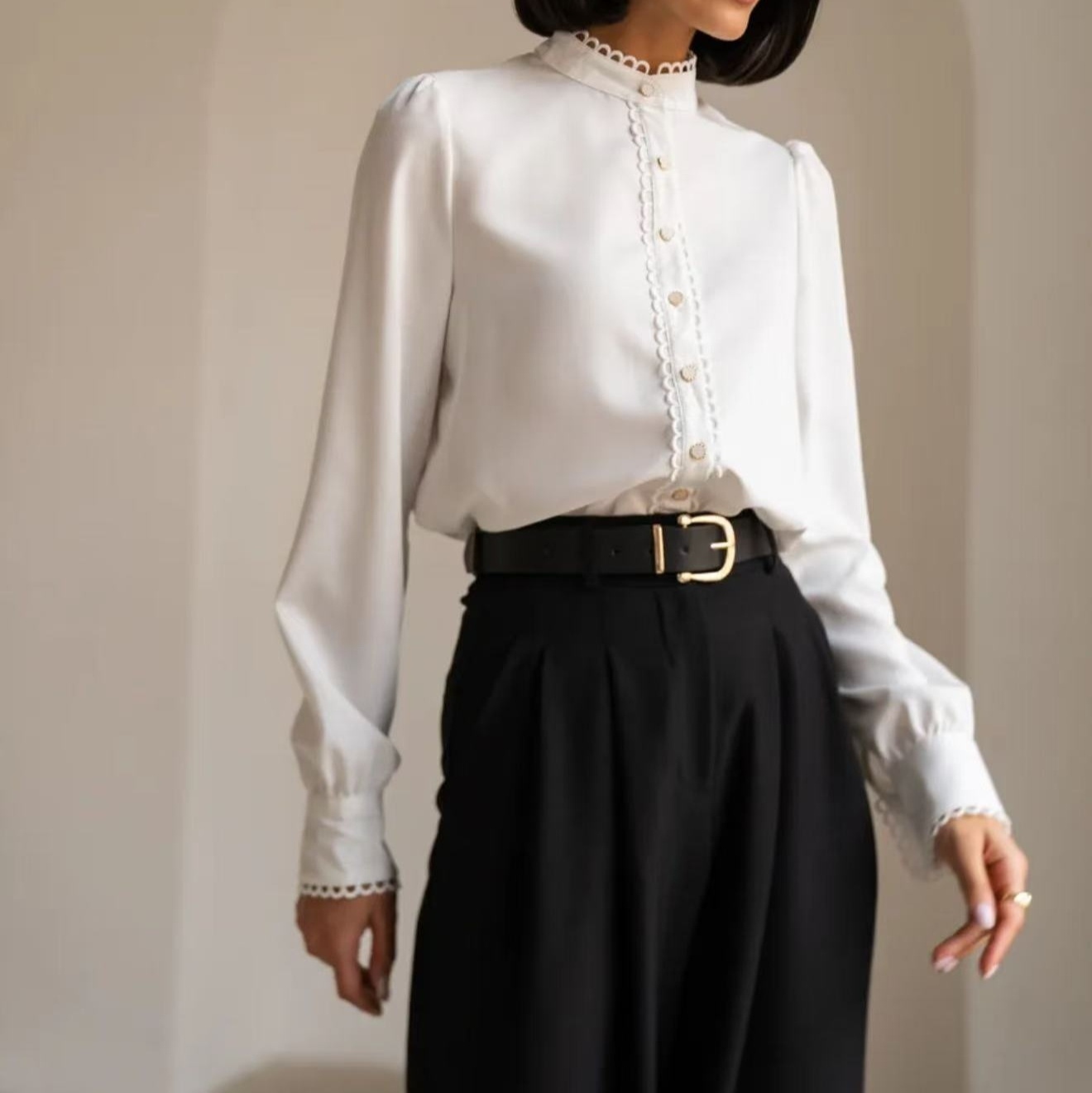 Womens Designer White Lace Long-Sleeve Blouse With Embellished Edges - Image 4