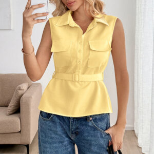 Casual Yellow Sleeveless Belted Cardigan Shirt