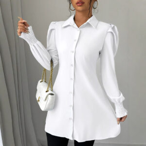 Womens Casual Solid-color Single-breasted Long-sleeve Shirt