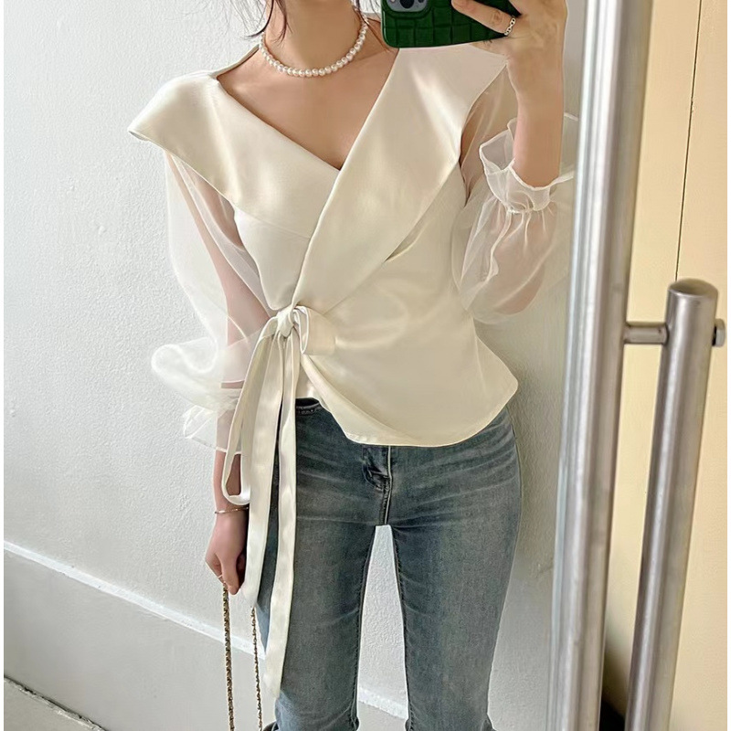 Womens V-neck Panelled Puff-Sleeve Bow-Tie-Neck Blouse - Image 2