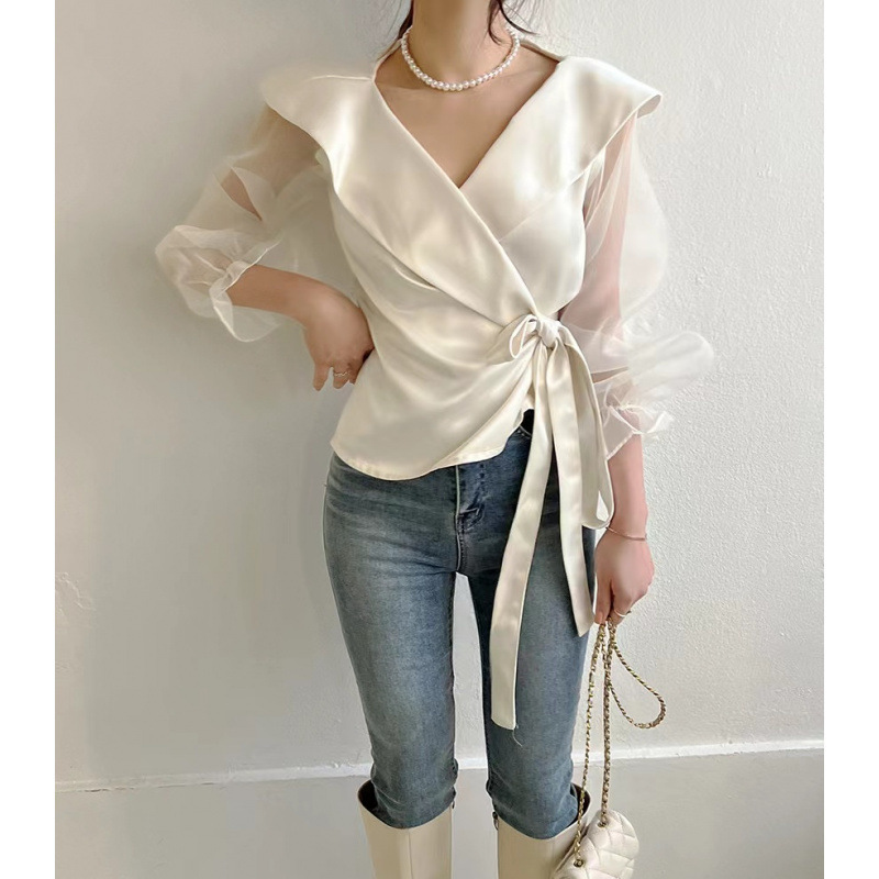 Womens V-neck Panelled Puff-Sleeve Bow-Tie-Neck Blouse - Image 3